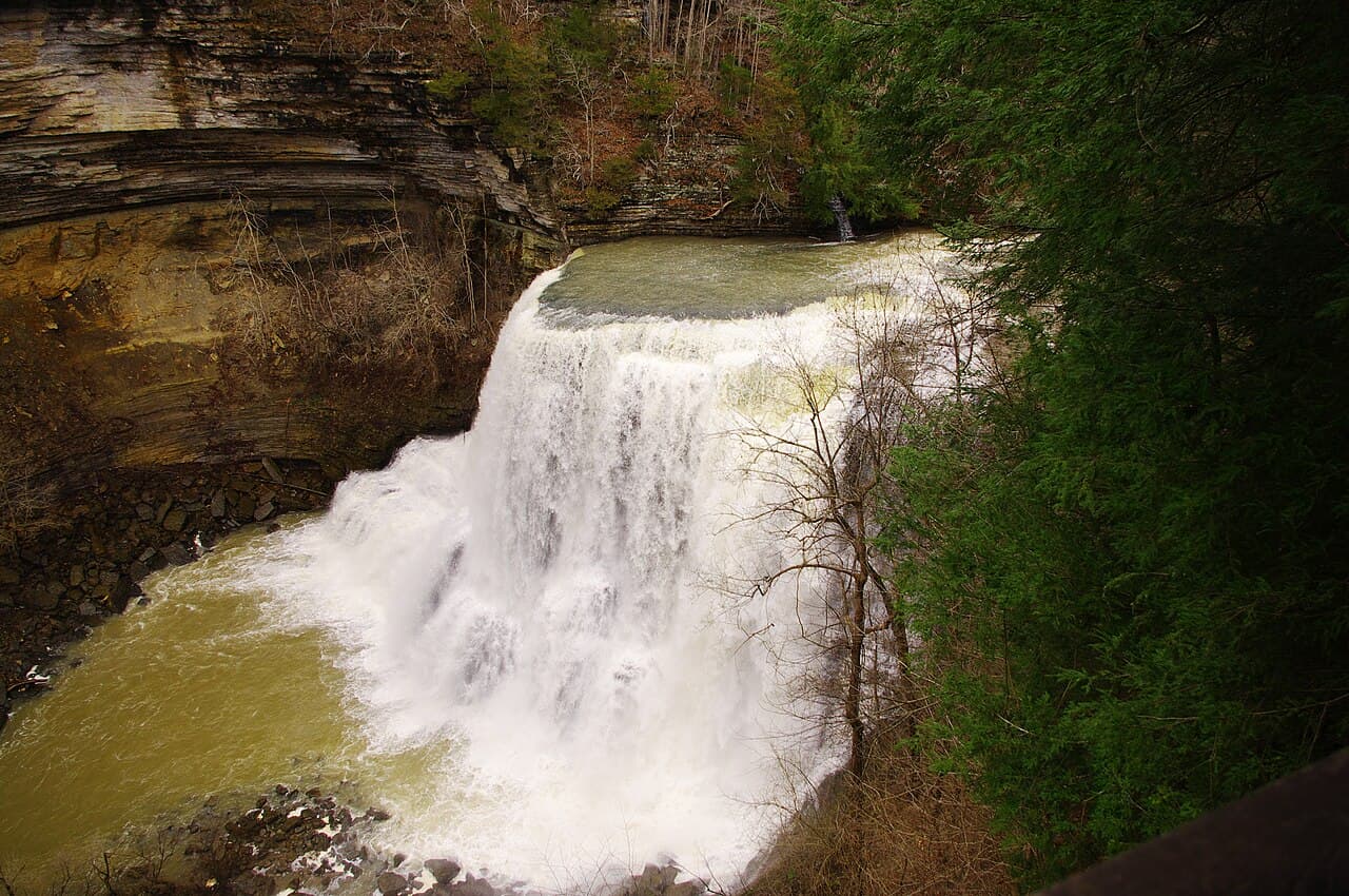 The main 130-foot drop of Burgess Falls on the Falling Water River in Putnam County, Tennessee