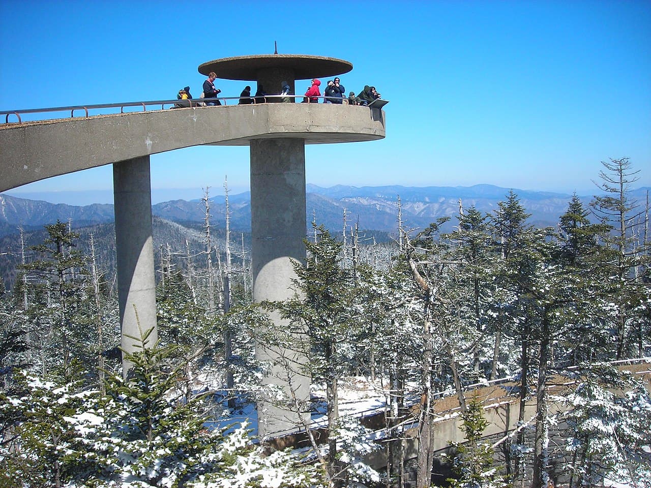 The spiral observation tower at Clingmans Dome, the highest point in Tennessee, on a clear snowy day