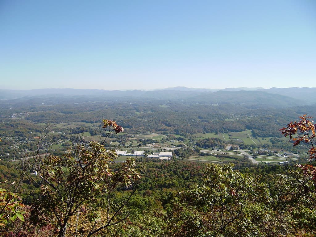 The wide view over Johnson City and the surrounding valley from the top of Buffalo Mountain