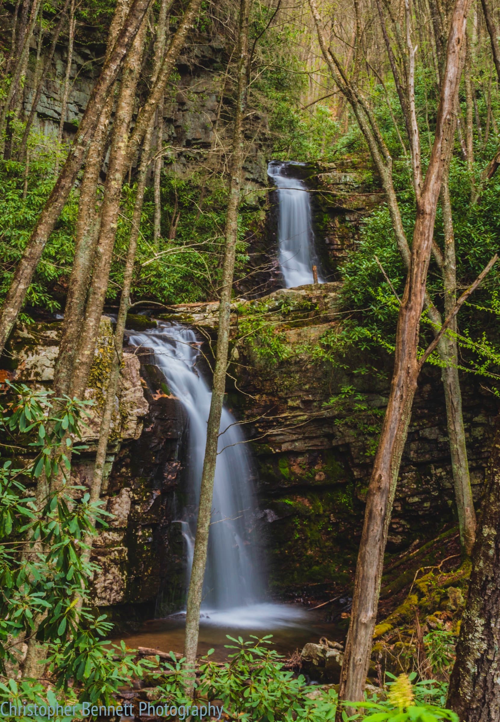 The two-tiered double waterfall of Gentry Creek in the Cherokee National Forest near Laurel Bloomery