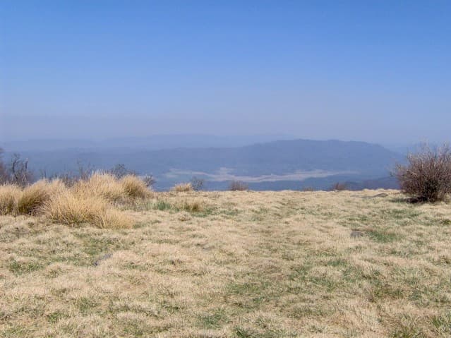 The grassy open summit of Gregory Bald looking northeast toward Cades Cove far below