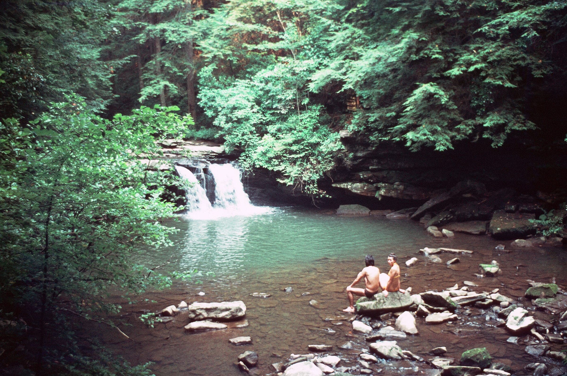 A small waterfall spilling into the green Blue Hole swimming pool beneath hemlocks on the Grundy Forest Day Loop