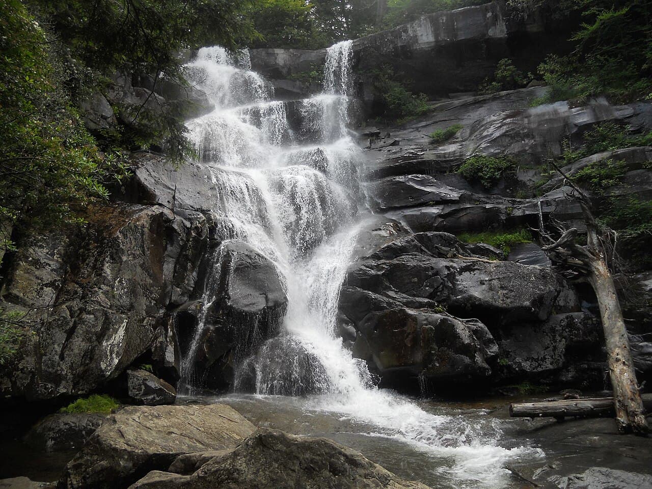 The multi-tiered Ramsey Cascades dropping through old-growth forest in the Greenbrier section of the Great Smoky Mountains