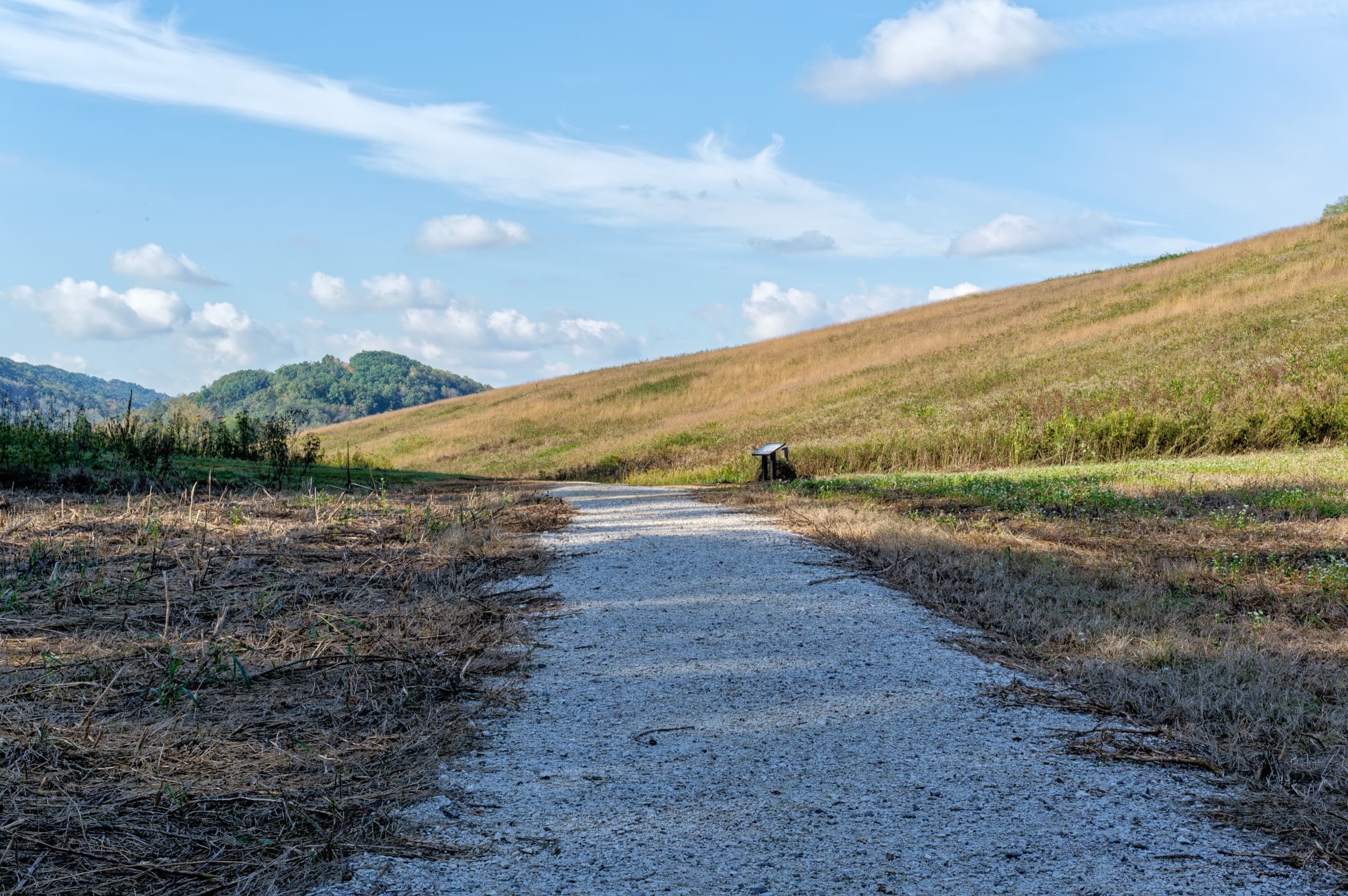 The Seven Islands Loop Trail running through restored grassland beside the French Broad River